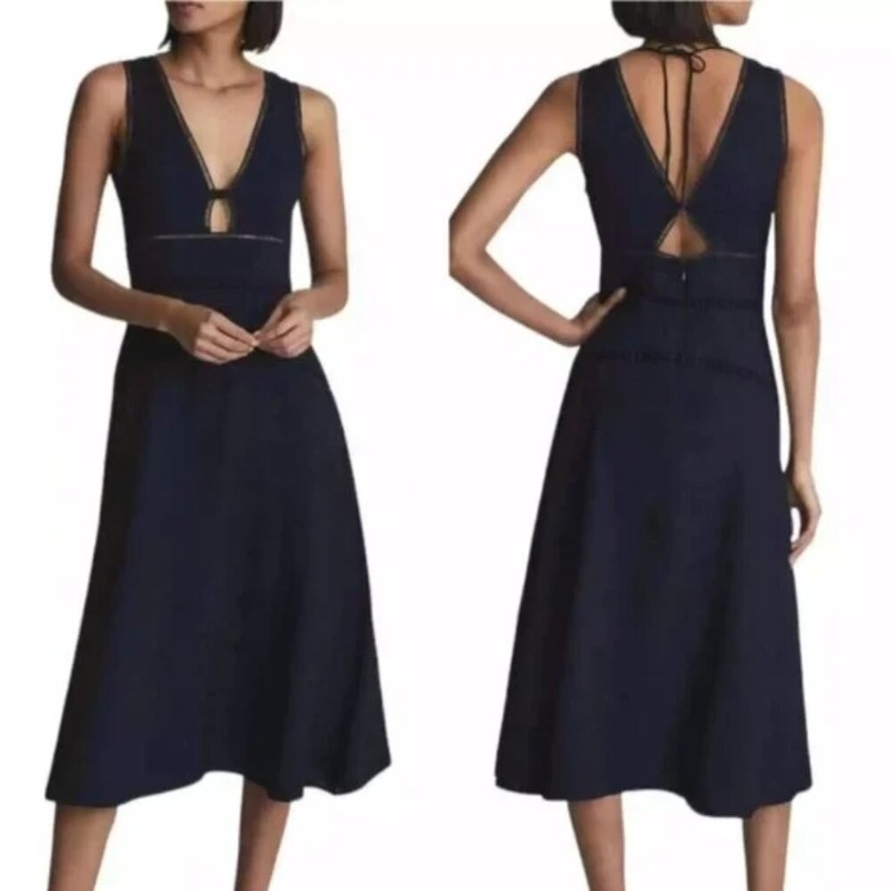 Reiss Leena Linen Dress Navy Blue Sleeveless Embroidered Cutout 4 NWT